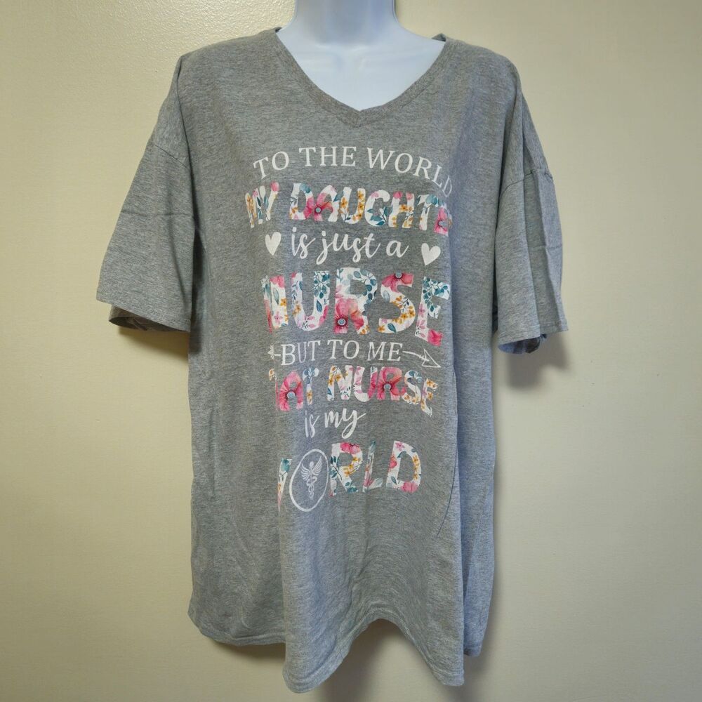 Mother Nurse Graphic Short Sleeve V Neck Tee Floral Grey CNA RN LPN Women 2XL